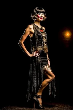 Full Body, slim burlesque Woman looking to the right, With A Bob With A Fringe Hairstyle, flapper Clothing, Steampunk