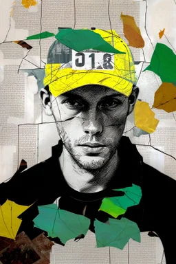 background old, cracks, yellow, torn canvas, gouache, double exposure, man, baseball cap, 40 years old, fine drawing, blots, newspaper scraps, leaves, green, autumn, rain, city, branches, 8K, double exposure