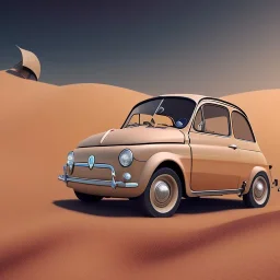 Disney 3d car, fiat 500, with black wheels, in the dessert sand, dunes in background, art photography, soft focus, intricate, highly detailed, artstation, sharp focus, cinematic spot light, illustration, art by artgerm, ultrarealistic UHD face, 85mm, Canon, bokeh, blue background, stunning