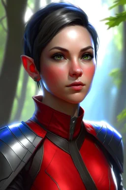 create an adult female air genasi from dungeons and dragons, black short hair, light blue eyes, wind like hair, wearing red leather clothing, realistic, from waist up, digital painting, high resolution, forest background, a bit zoomed out