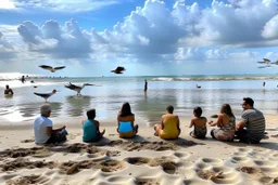 families sitting on a beach lagoon, birds in the sky