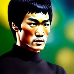 Ultra detailed fullbody Portrait in oil on canvas of Bruce Lee,extremely detailed digital painting,ultrarealistic skin,intense stare, extremely detailed face, crystal clear eyes, mystical colors ,perfectly centered image, perfect composition, rim light, beautiful lighting,masterpiece ,8k, stunning scene, raytracing, anatomically correct, in the style of Simon Bisley and Ohrai Noriyoshi and robert e howard and Steve Jung and frank frazetta.