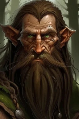 Gnom, braune lange wilde Haare, große, auffällig dicker Nase, grüne Augen, jung , Druide, Haut wie Baumrinde, Zeichen im Gesicht, Mann