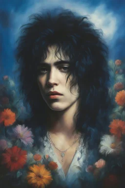 Chiaroscuro lighting, deep shadows, rich deep colors, facial portraits, 1980, 15-year-old Elvis Presley, ((1980's big hair, long, teased up Spikey Motley Crue style hair)), black hair, facial portraits, foggy, cloudy blue wall with assorted designs and multiple floral arrangements in the background, 4k, 8k, 16k, 32k, 100k UHD, Ultra-Hyper Resolution, dark, sultry eyeshadow, eyeliner, mascara, rouge, lipstick, from the rock and roll band KISS