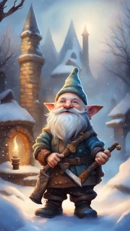 postcard portrait of bard gnome with old boots, sword and lute in the snow garden holding a tower fortification, magazine cover illustration with oil paint and spray paint, signed, bokeh like, down-light, unreal engine, prize winning