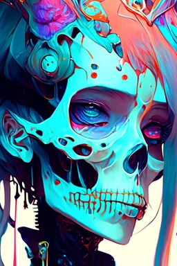 a close up of a person with a skull on their head, anime skull portrait woman, scary detailed art in color, hiroyuki-mitsume takahashi, nychos art aesthetic, half woman half skeleton, anime cyberpunk art, colored manga art, rossdraws pastel vibrant, cold colors. insanely detailed, beautiful anime portrait, stunning anime face portrait, scary art in color