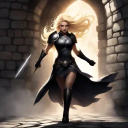 she launches herself forward, a blur of blonde hair and scarred skin. The shadow-thing recoils, its form wavering like smoke caught in a draft, but you are already on it. Her shield slams into its midsection, flattening the mass of darkness against the stone wall. It squeals—a sound like tearing parchment—and she twists, pinning it there with all her weight. The black ooze of its substance smears across the rock beneath her, slick and cold against her boots.