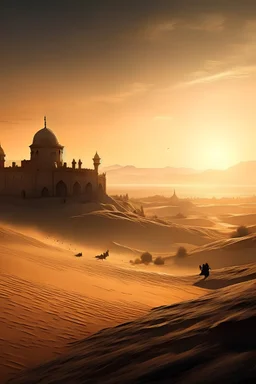 Ciudad antigua abandonada oculta en en el desierto tapadas en gran medida por las arenas vista desde una perspectiva panorámica iluminada por el atardecer en donde en segundo plano se encuentre una figura humana oscura subida encima de un camello