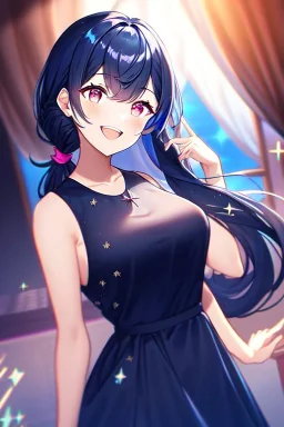 girl, masterpiece, best quality, cinematic lighting, detailed outfit, vibrant colors, perfect eyes, dark blue hair, pink eyes, long hair, low ponytail, dark blue dress, sparkle, depth of field, indoors, god rays, glowing light, ray tracing, laughing,