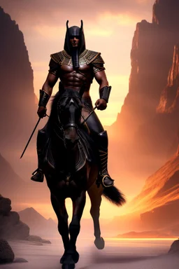 An Egyptian handsome muscular man riding on a black horse in the ice mountains at sunset, forgotten realms fantasy style by lee jeffries, 8k, high detail, smooth render, unreal engine 5, cinema 4d, HDR, dust effect, vivid colors