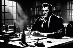Mickey Spillane’s Mike Hammer in the shadows of his detective office, he is a silhouette, a bottle of whiskey and a glass on the desk, a cigare fumes in his hand extended to the glass. The silhouette could be a man or a woman