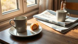 A single delicates roll cake filled citrone creme on a small pale ceramic plate, on a wooden table. A steaming mug (possibly coffee or tea) and a folded newspaper are also on the table. Natural, warm sunlight streams in from a window on the left, casting pleasant shadows and creating a cozy, relaxed morning atmosphere