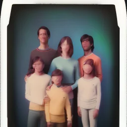 awkward family photo, all wearing the same type of clothes, 1980s, polaroid colors, scratches and dust on photo