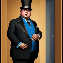 A half body portrait of a 1930s Italian-American businessman in his late 20s with a black bowler hat and a blue suit. He is obese and has black hair