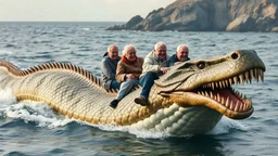 Elderly pensioners riding an enormous sea-serpent. Everyone is happy. Photographic quality and detail, award-winning image, beautiful composition.