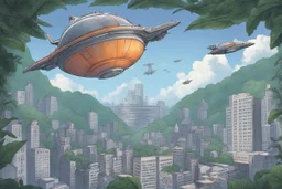 spaceship flying low over a jungle city