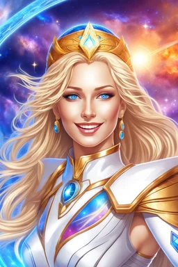 cosmic woman smile, admiral from the future, one fine whole face, crystalline skin, expressive blue eyes,rainbow, smiling lips, very nice smile, costume pleiadian, Beautiful tall woman pleiadian Galactic commander, ship, perfect datailed golden galactic suit, high rank, long blond hair, hand whit five perfect detailed finger, amazing big blue eyes, smilling mouth, high drfinition lips, cosmic happiness, bright colors, blue, pink, gold, jewels, realist, high commander