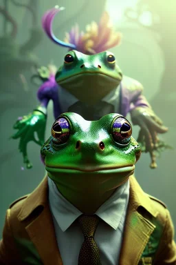 award winning portrait of a male anthropomorphic rainbow frog long black hair. character design by cory loftis, fenghua zhong, ryohei hase, ismail inceoglu and ruan jia. unreal engine 5, artistic lighting, highly detailed, photorealistic, fantasy