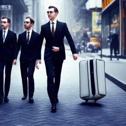 A group of penguins wearing business suits and carrying briefcases, walking through a busy city street.