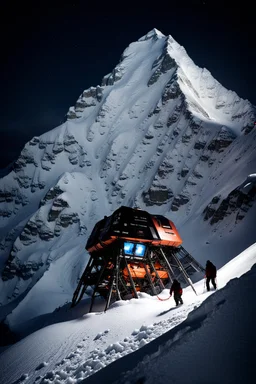 silhouette of a eight legs machine scaling a very steep snow covered side of mout everest at night, it has storage pods on its belly and humans can fit in the pods