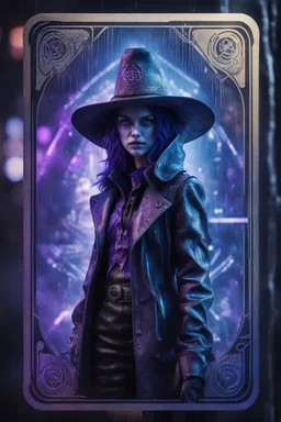 sacred geometry framed playing card, black, blue and purple noen cyber punk dancer thief in soaked rain coat and cowboy witch hat shadows boss card in the style of Giger and fallout 4 ,,bokeh like f/0.8, tilt-shift lens 8k, high detail, smooth render, down-light, unreal engine