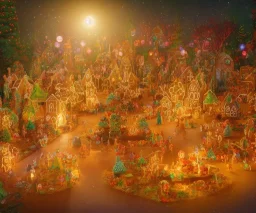 gingerbread candy village, colorful, fantasy, fairytale, intricate, forest, fireflies, flowers, halloween, christmas, hansel and gretel, bokeh, medium shot, visually stunning, depth of field 100mm ( cinematic scene, studio lighting, matte painting, concept art, trending on artstation, artgerm, cgsociety )