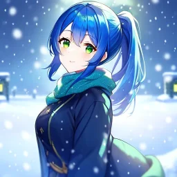 Clear focus, 8k, beautiful lighting, vibrant colors, girl, blue hair, green eyes, ponytail, snowing, winter clothes,