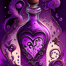 Cartoon illustration of love potion number 9 bottle sparkling, enchanted, fantasy illustration, highly detailed vintage story art style, purple tones, exaggerated, surreal