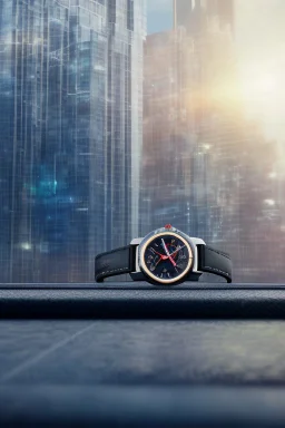 very close up of a very big luxury wrist watch with dark mirror glass stands on table in balcony skyscraper and reflects modern city environment image , to the camera ,centered.