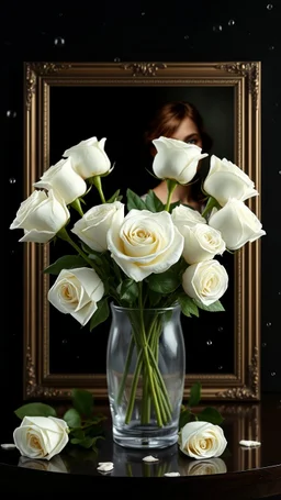 The image is a digital artwork that depicts a bouquet of 12 white roses in crystal vase , creating a wave-like effect. Beside a picture In elegant frame of a painting of beautiful girl portrait , The background is black, which makes the white rose stand out even more. Water droplets are scattered adding to the dreamy, ethereal quality of the image. The a