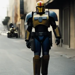 [The Rookie (TV series)] judge dredd in heavy power armour, in the street of los angeles