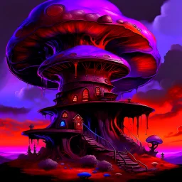 A fantabulous black, orange, and purple(((mushroom tower house))) erected atop a (geologic pillar), surrounded by the uncanny imaginative ((( swirling skies))), offset by the stark hues of a (neon-tinged nebulous space scape), within. captured by the hand a skilled master painter with a focus on (softly blurred compositions and voluminous lighting).