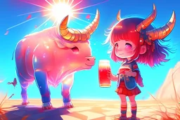 cute chibi holographic girl looking at a red bull animal happily in sunshine