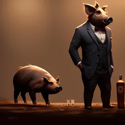 anthropomorphic wild pig bartender waiter biped humanoid, in the style of greg rutkowski, wlop, trending on artstation, detailed, realistic, hight quality