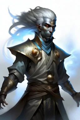 Male Air genasi fra d&d with black skin smoke some hair an Asian skin