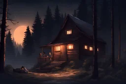 Concept art, Cabin in the forest in the background, at night, magical, couple hugging in front