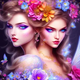 bright fairy, beautiful portrait, flowery landscape