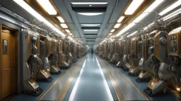 The corridor hums with a strange energy, as if the Dali-inspired robots are alive with their own brand of surreal consciousness. Clockwork limbs twitch sporadically, eyes gleam from unexpected angles, and metallic surfaces seem to shift and melt in the dim lighting of the ship. The line of robots in the Enterprise corridor serves as a reminder of the boundless creativity and innovation that permeates the Star Trek universe. Each mechanical being carries a hint of Dali's eccentricity, a touch of