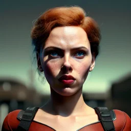 retro sci-fi portrait image from 1960, supermarket parking explosion, fire, classic black widow, young Scarlett Johansson, classic tight lycra suit, retro superhero style, soft color, highly detailed, unreal engine 5, ray tracing, RTX, lumen lighting, ultra detail, volumetric lighting, 3d, finely drawn, high definition, high resolution.