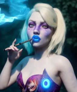 Ultra realistic wonderland photo, happy blonde woman smoking a shisha, perfect iris, glow eyes, blue dress, big purple-cat friend, circus dress style, old school tattoo, smoke, marijuana garden, glow eyes, perfect iris, soft color, highly detailed, unreal engine 5, cinematic, ultra detail, volumetric lighting, high definition.