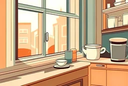 janela de uma cozinha com uma xicara de café no balcão, cartoon style, full view