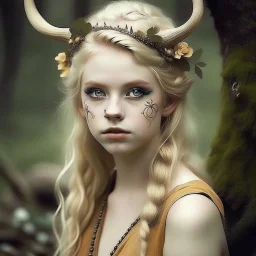 pretty girl, aged 19, blonde, conventionally attractive, dreamy, faun, satyr, tribal