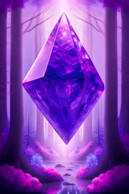 A large glowing purple crystal into a forest with flowers blues and pink