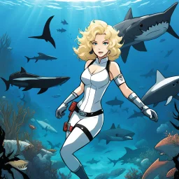 [illustration for wii No More Heroes style with thick lines] snorkelling Barbarella found herself facing not only the sharks but also the remnants of a society on the brink of collapse. As she navigated the treacherous waters, she uncovered dark secrets and hidden dangers that threatened to consume her.