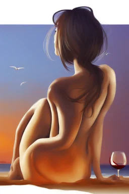 woman with wine bottle in beach digital art