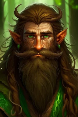 Gnom, braune lange wilde Haare, große, auffällig dicker Nase, grüne Augen, sehr jung (etwa zwanzig Jahre) , Druide, gebräunte Haut, keine Falten im Gesicht, etwas dicker, Mann