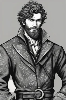 man, age 20, medieval, fighter, russian, croocked nose, czar, rich, simple clothes, short messy hair, thick beard, oligarch, leather coat with fur, brocade clothes, pencil drawing, black or red hair, muscles