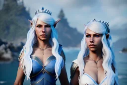 [Sea Elf] [Maormer] Hero Queen with [white hair] and [blue skin] on a [ship] with crew [fantasy] [realism] [Elder scrolls]