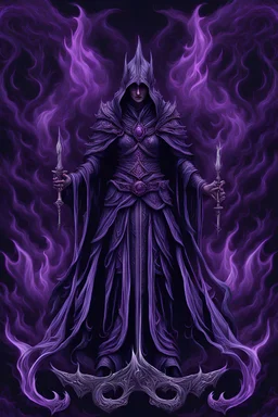 "Generate an image of the text 'ALIRIA DEMUUN' ablaze in vivid purple and black flames. Use a dark, fantasy-inspired font, rich in detail and mystical elements. The flames should be rendered realistically, with a focus on dark, shadowy tones, conveying a sense of otherworldly and dark magic."