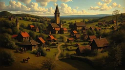 renaissance oil painting of a prosperous village in the countryside with small aliens hiding in the shadows
